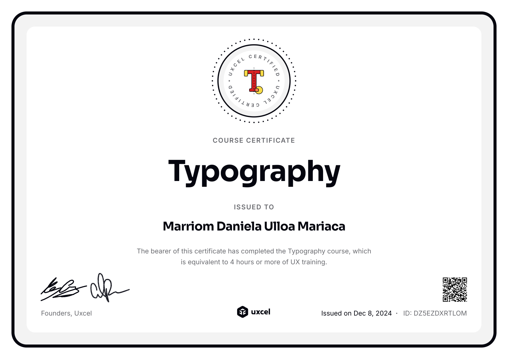 Marriom Daniela Ulloa Mariaca's certificate